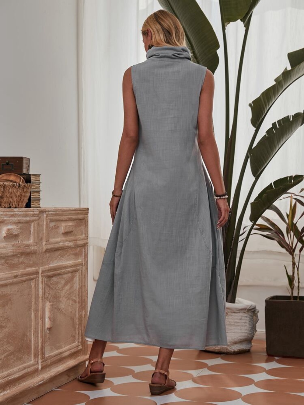 Grey Cotton Lagenlook Cowl Neck Sleeveless Button Down Maxi Dress Sz M - Picture 4 of 14